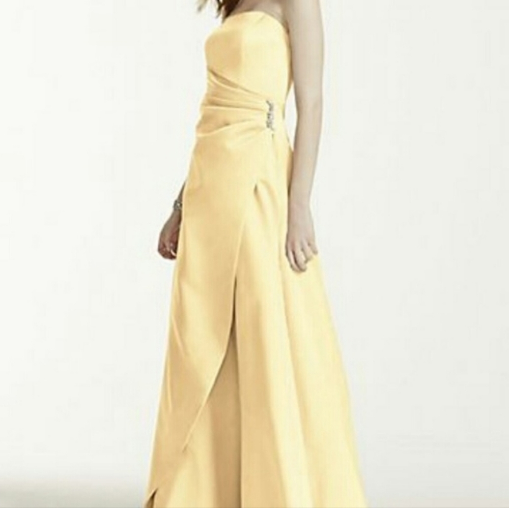David's Bridal Satin Gown Side Drape & Brooch Canary Yellow Bridesmaid Dress 6